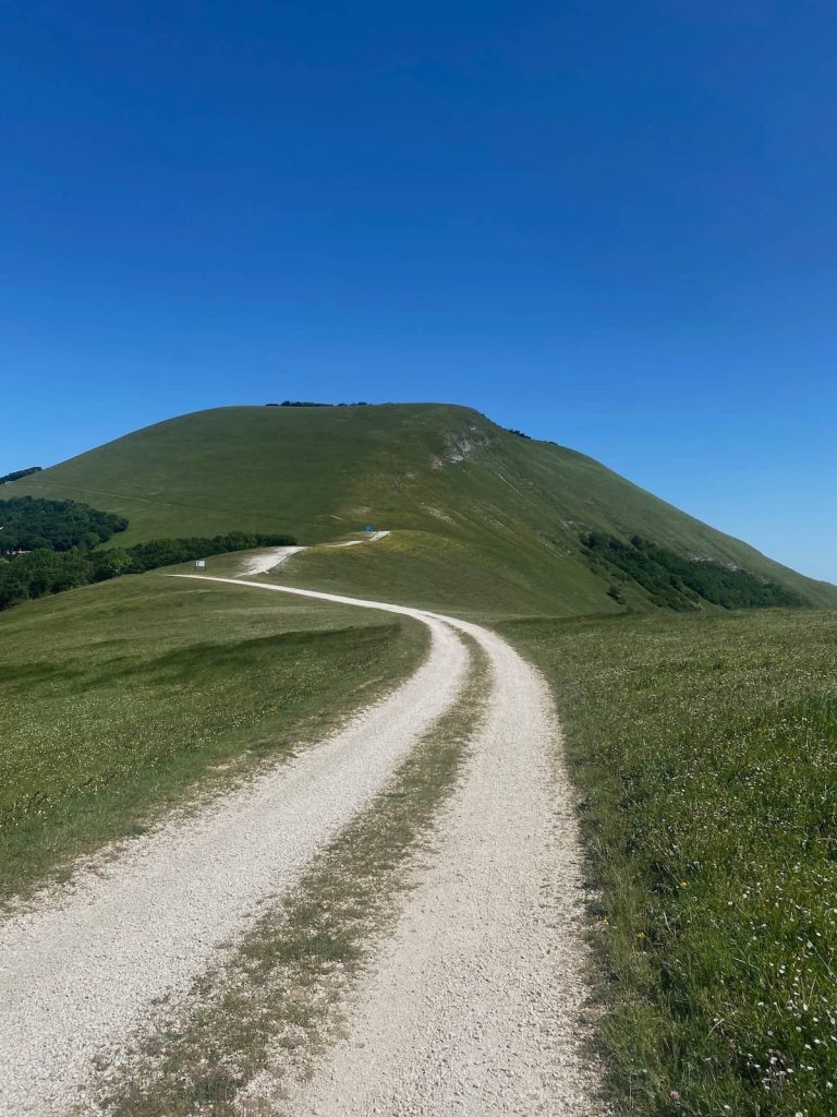 Strada sterrata tra prati che sale verso una montagna dalla cima tondeggiante, con cielo azzurro