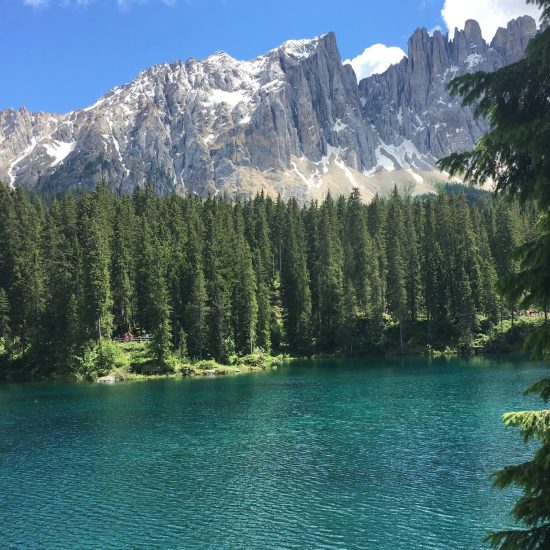 Lago di Carezza in una giornata soleggiata, con bosco di abeti e le cime dei Campanili del Latemar sullo sfondo