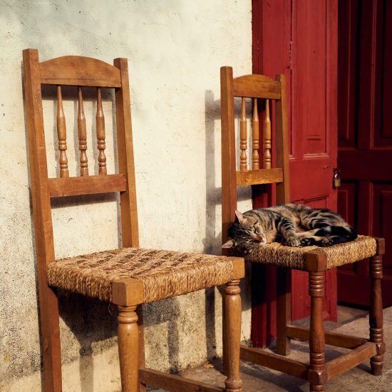 Due sedie impagliate appoggiate al muro esterno di una casa con porta rossa, con un gatto sdraiato su una sedia